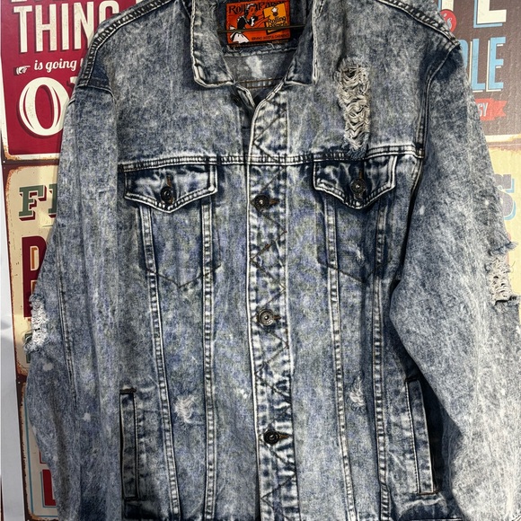 Distressed Denim Jacket Rolling Papers Jean Jacket in Stonewash Blue Denim - Picture 4 of 10